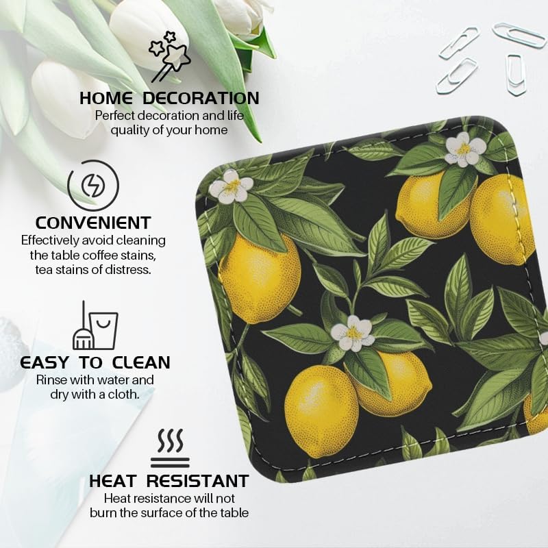 Coasters for Drinks with Holder, Lemons and Leaves on Dark Canvas Square Coaster for Tabletop Protection, 6Pcs Coasters for Home Decor
