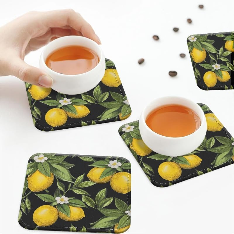Coasters for Drinks with Holder, Lemons and Leaves on Dark Canvas Square Coaster for Tabletop Protection, 6Pcs Coasters for Home Decor