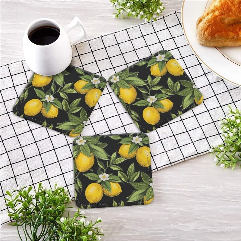Coasters for Drinks with Holder, Lemons and Leaves on Dark Canvas Square Coaster for Tabletop Protection, 6Pcs Coasters for Home Decor