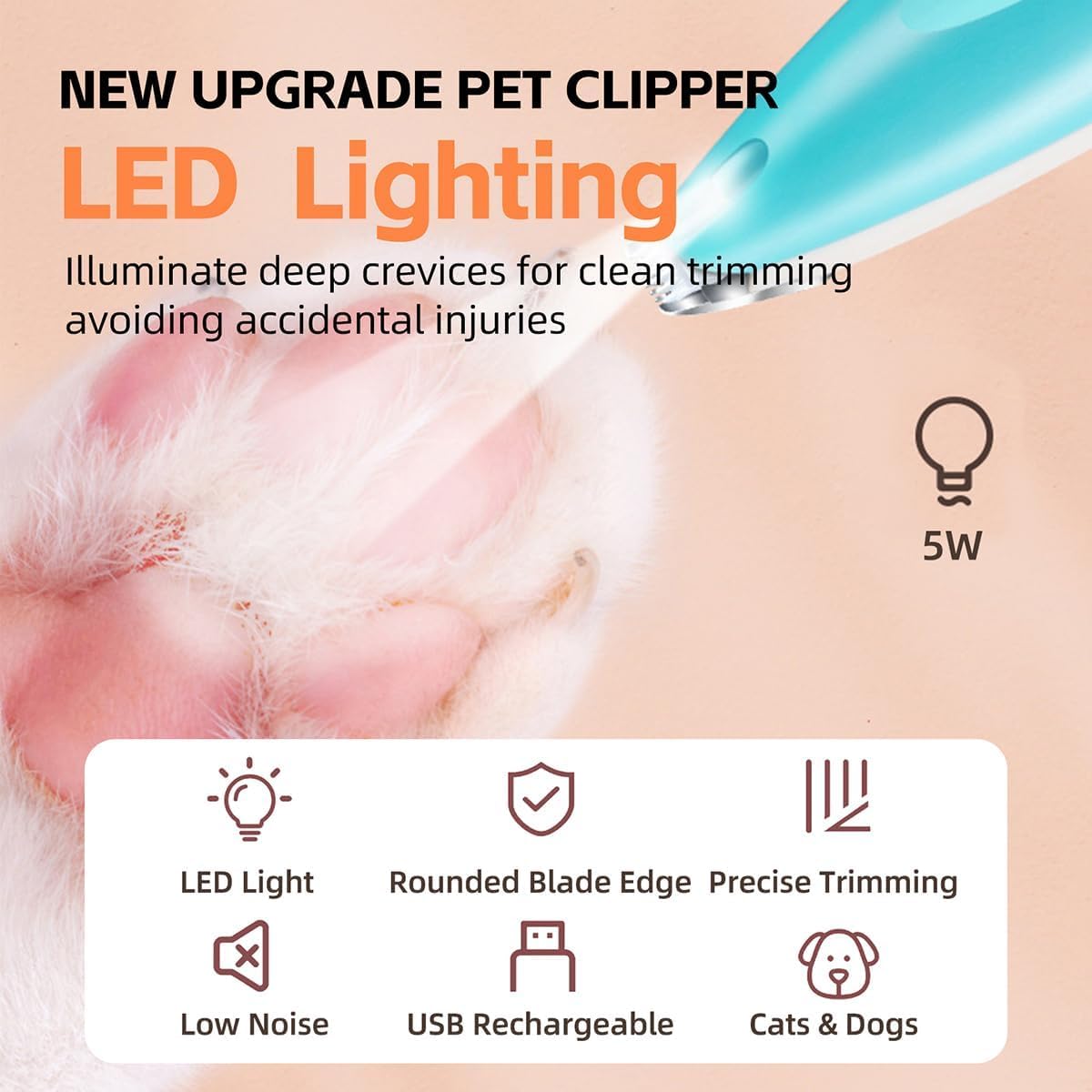 Hair Clippers USB Rechargeable Electric Trimmer with LED & 2 Blades for Dogs Cats, Low Noise Grooming Shaver Trimming Pet's Hair Around Eyes Face Ears Paws (Yellow)