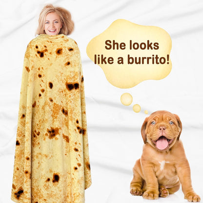 Burritos Tortilla Blanket, 300 GSM Double Sided Giant Funny Gift Throw, Realistic Novelty Super Soft Sofa Yellow Taco Food Blanket for Kids/Pets and Adults