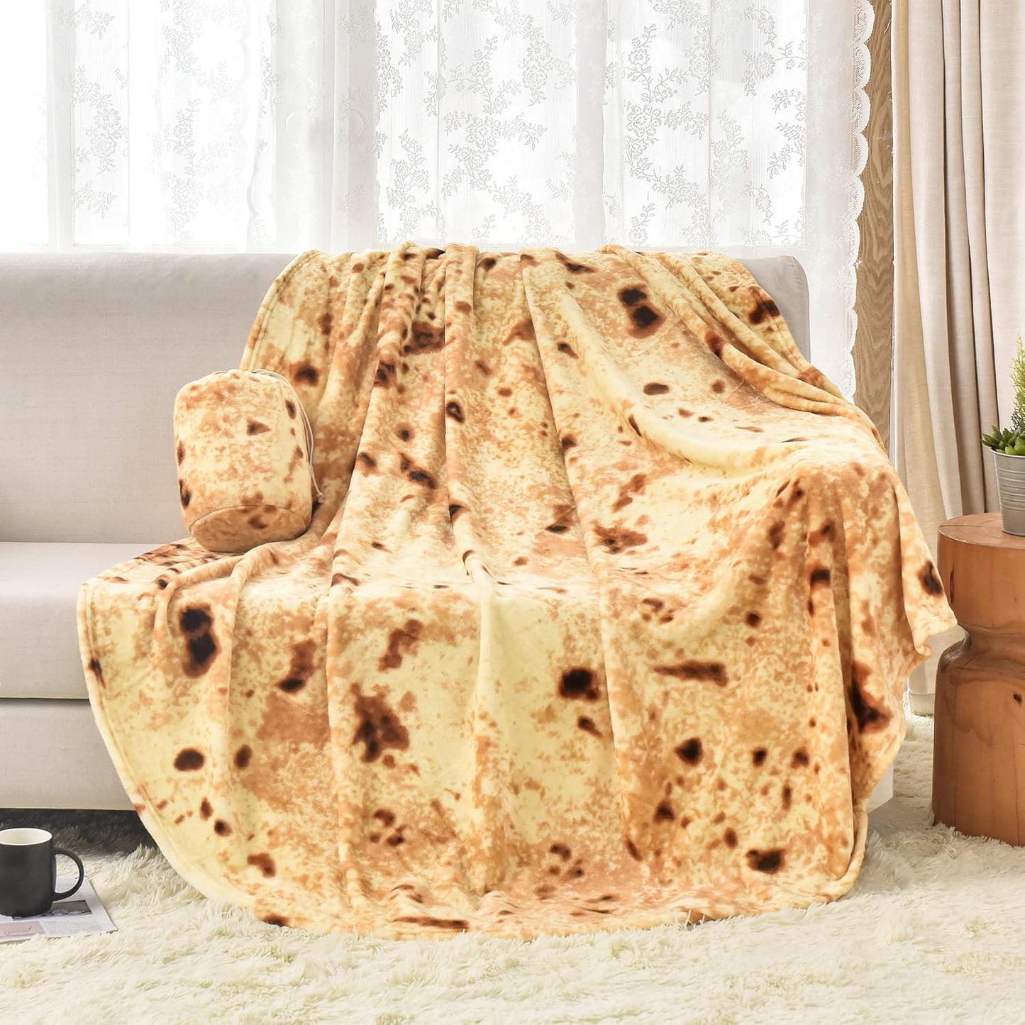 Burritos Tortilla Blanket, 300 GSM Double Sided Giant Funny Gift Throw, Realistic Novelty Super Soft Sofa Yellow Taco Food Blanket for Kids/Pets and Adults