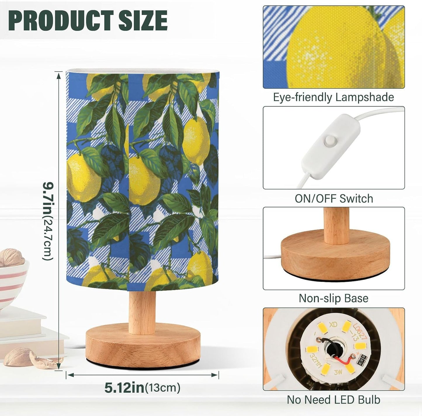 Bedside Table Lamp Lemon Yellow Citrus Fruits (34) Kids Nightstand Lamp Night Light Fabric Shade for Bedroom Living Room Home Office