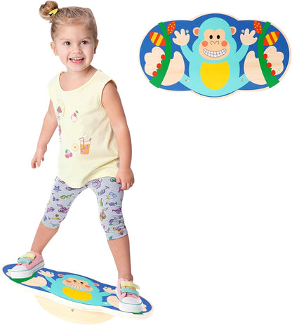 Balance Board for Kids, Wooden Wobble Rocker Board for Children, Capable of Bearing 123LB, Durable for Balance Training, Core Strength and Active Play, Bright Blue Monkey Pattern