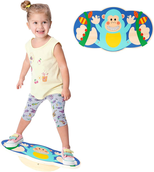 Balance Board for Kids, Wooden Wobble Rocker Board for Children, Capable of Bearing 123LB, Durable for Balance Training, Core Strength and Active Play, Bright Blue Monkey Pattern