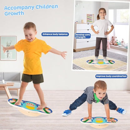Balance Board for Kids, Wooden Wobble Rocker Board for Children, Capable of Bearing 123LB, Durable for Balance Training, Core Strength and Active Play, Bright Blue Monkey Pattern