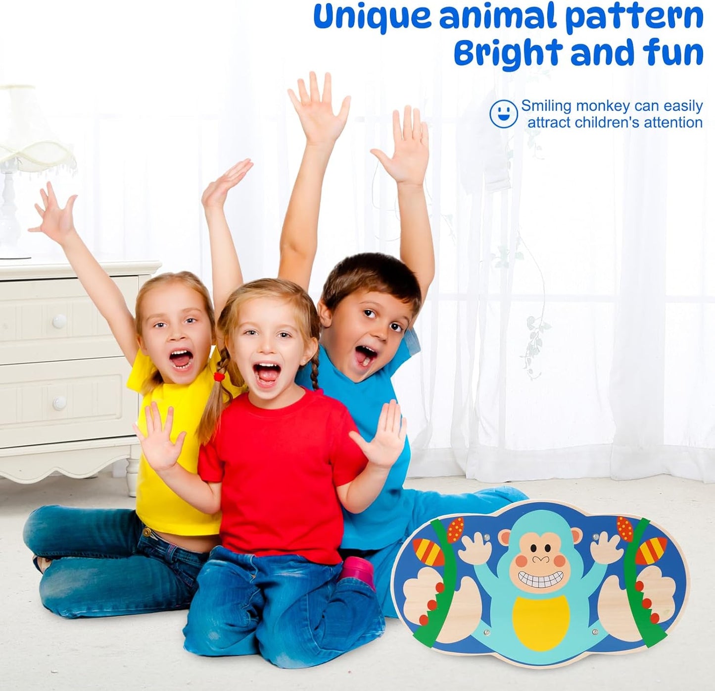 Balance Board for Kids, Wooden Wobble Rocker Board for Children, Capable of Bearing 123LB, Durable for Balance Training, Core Strength and Active Play, Bright Blue Monkey Pattern