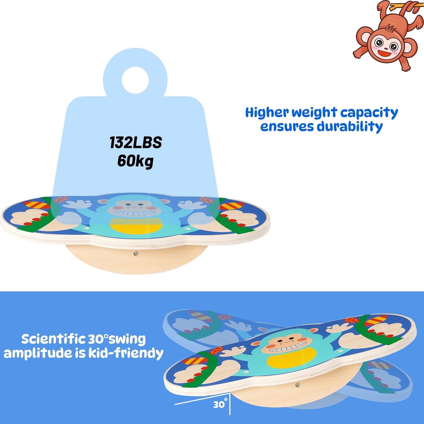 Balance Board for Kids, Wooden Wobble Rocker Board for Children, Capable of Bearing 123LB, Durable for Balance Training, Core Strength and Active Play, Bright Blue Monkey Pattern