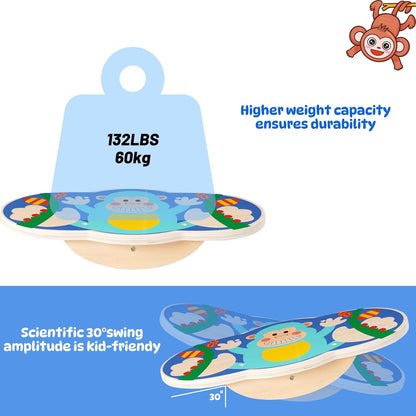 Balance Board for Kids, Wooden Wobble Rocker Board for Children, Capable of Bearing 123LB, Durable for Balance Training, Core Strength and Active Play, Bright Blue Monkey Pattern