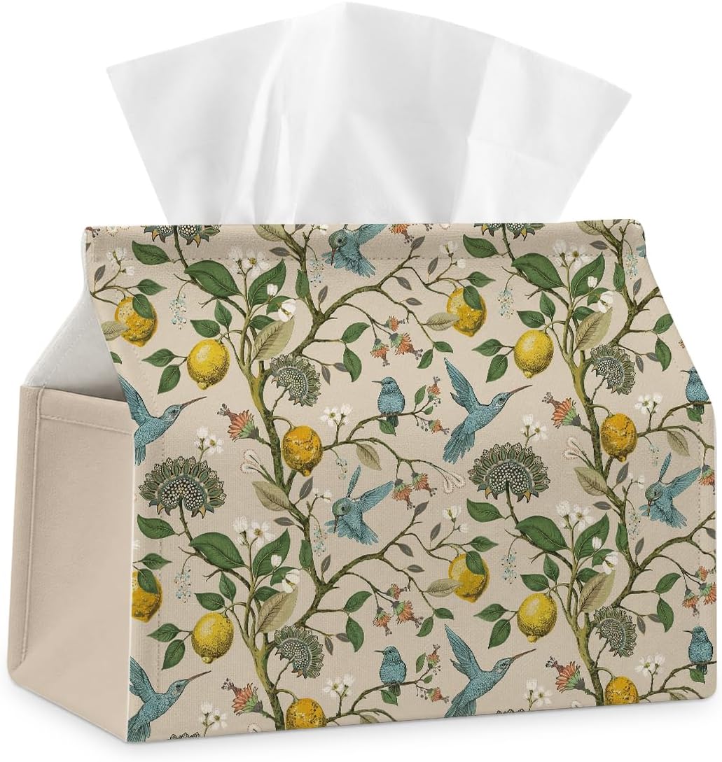 Yellow Lemon Bird Fabric Tissue Box Cover for Home Office Bathroom Decor | Cute Tissue Holder for Tabletop Kitchen Bedroom Living Room Dorm Car,Home Office Decor Gifts,Fabric Washable,7''×3.5''×6''