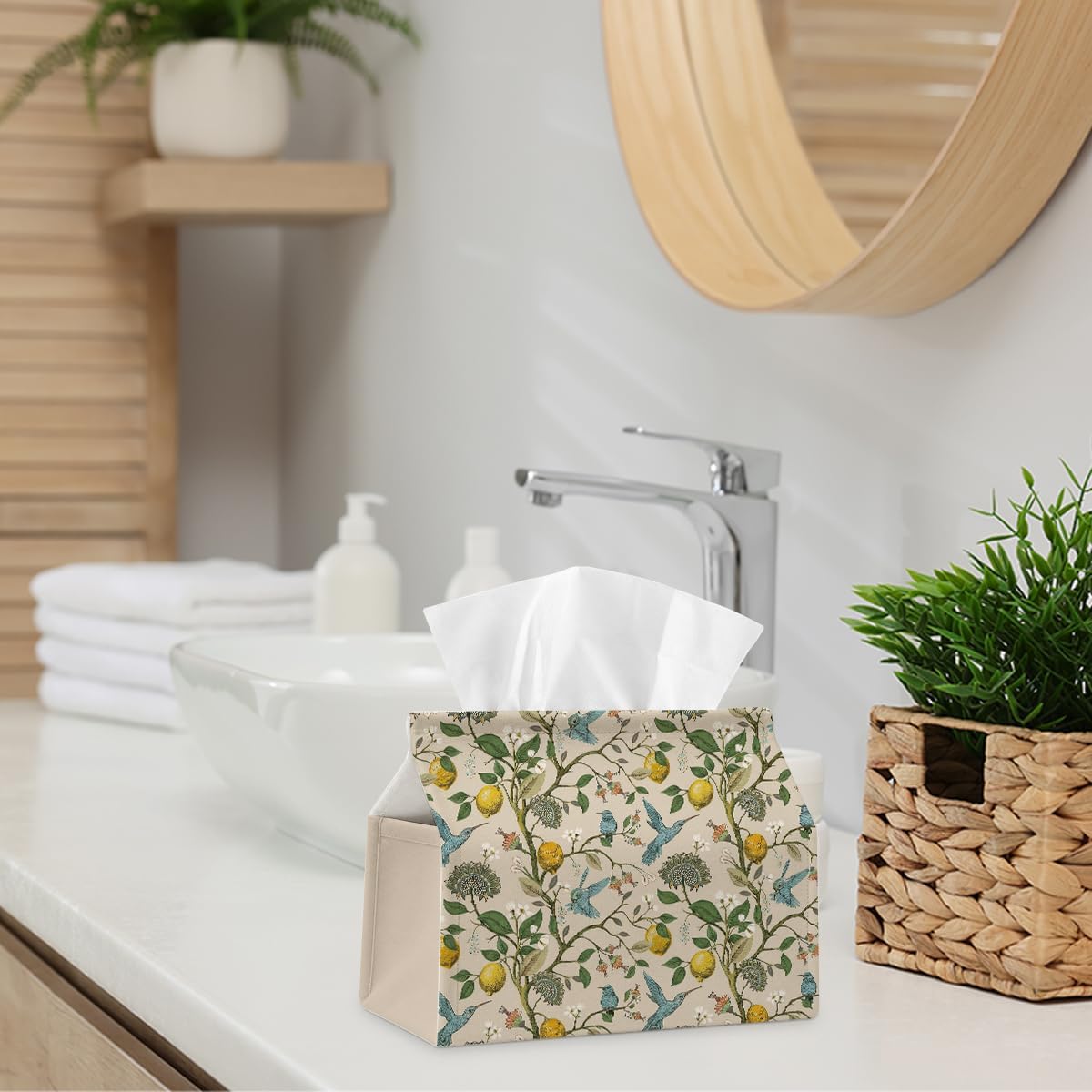 Yellow Lemon Bird Fabric Tissue Box Cover for Home Office Bathroom Decor | Cute Tissue Holder for Tabletop Kitchen Bedroom Living Room Dorm Car,Home Office Decor Gifts,Fabric Washable,7''×3.5''×6''