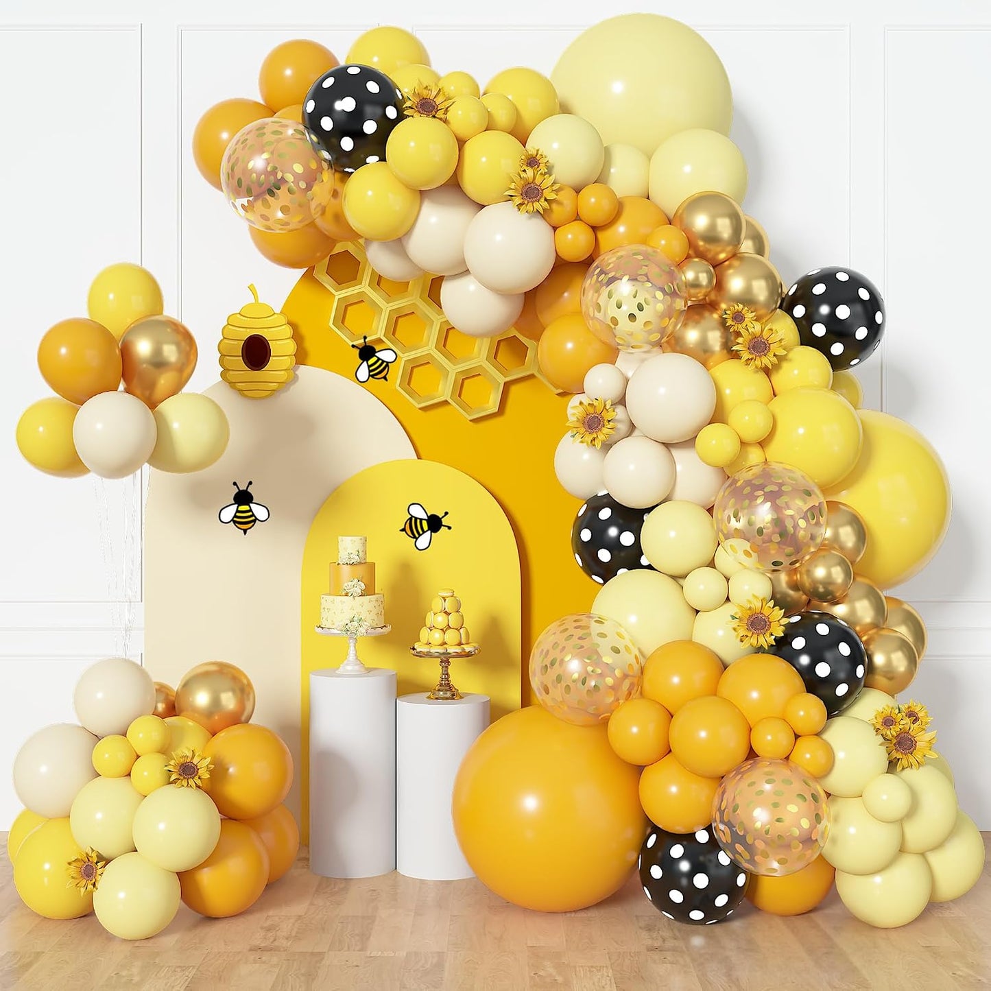 153pcs Bee Balloon Arch Garland Kit Different Sizes | 18 12 10 5 inch Mustard Pastel Yellow Gold Confetti Balloons for What Will It Bee Sunflower Honey Birthday Party Decorations