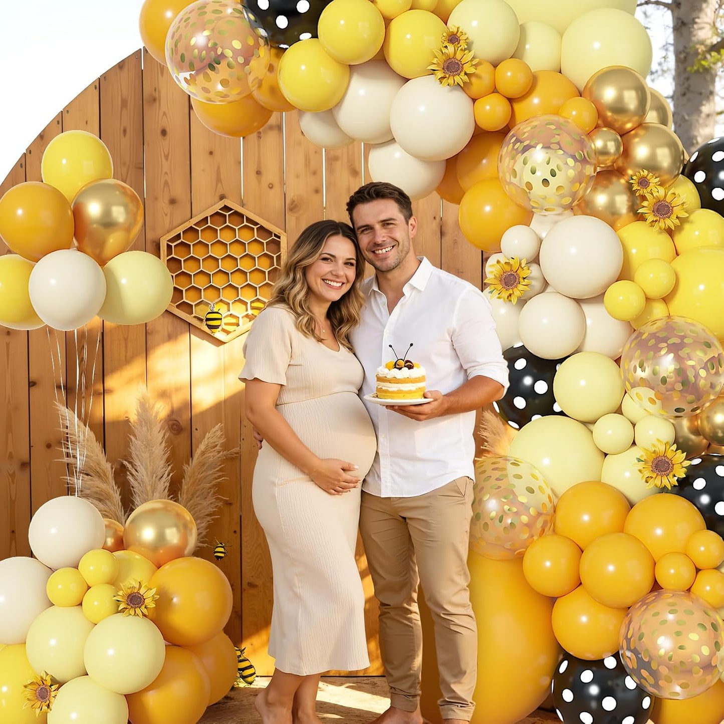 153pcs Bee Balloon Arch Garland Kit Different Sizes | 18 12 10 5 inch Mustard Pastel Yellow Gold Confetti Balloons for What Will It Bee Sunflower Honey Birthday Party Decorations