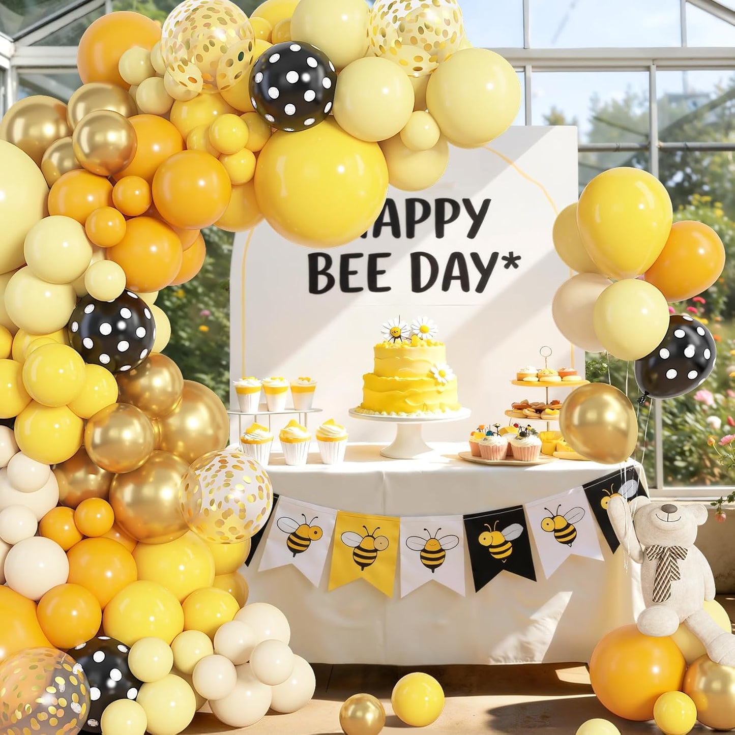 153pcs Bee Balloon Arch Garland Kit Different Sizes | 18 12 10 5 inch Mustard Pastel Yellow Gold Confetti Balloons for What Will It Bee Sunflower Honey Birthday Party Decorations