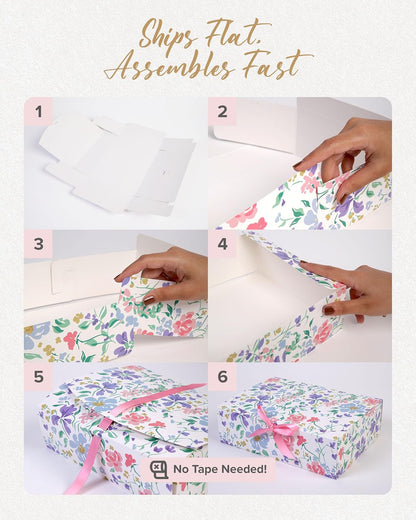Floral Gift Box Set of 16 - Gift Boxes for Presents & gifting on weddings, birthdays & more - Easy to Assemble Floral Gift Boxes With Lids & Ribbon Closure - Decorative Boxes With Lids