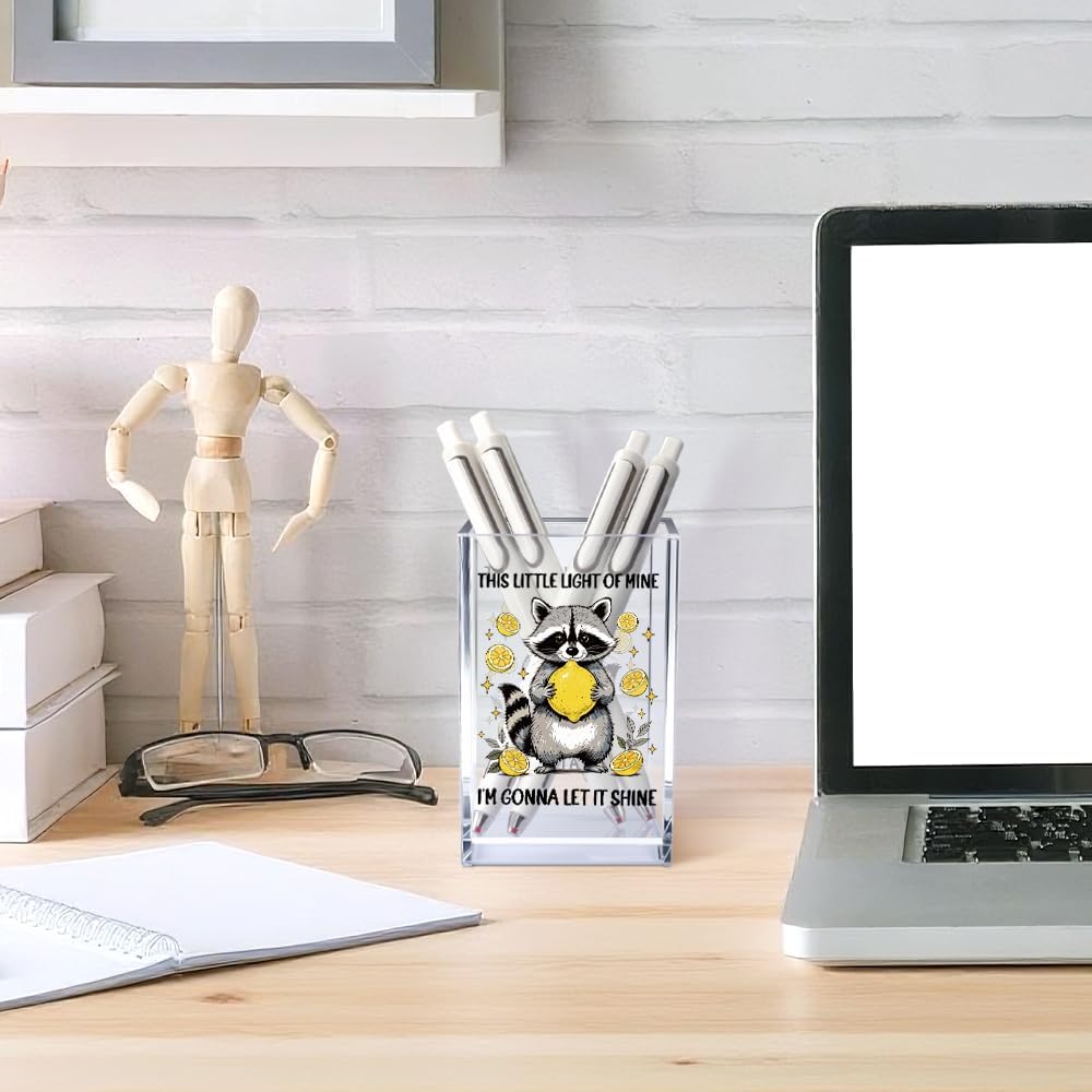 This Little Light Of Mine I'm Gonna Let It Shine Acrylic Cosmetic Pencil Pen Holder Cup, Funny Raccoon Lemon Pen Holder Cup, Raccoon Lover Gifts, Mental Health Gifts for Women Colleague Teacher