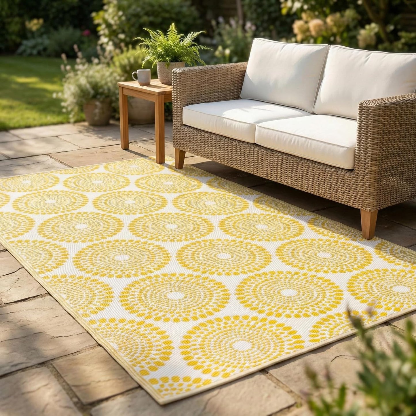 Outdoor Rug - Waterproof, Fade Resistant, Crease-Free - Premium Recycled Plastic - Floral Medallion - Large Patio, Deck, Sunroom, Camping, RV - Rio - Yellow - 8 x10 ft
