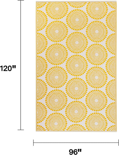 Outdoor Rug - Waterproof, Fade Resistant, Crease-Free - Premium Recycled Plastic - Floral Medallion - Large Patio, Deck, Sunroom, Camping, RV - Rio - Yellow - 8 x10 ft