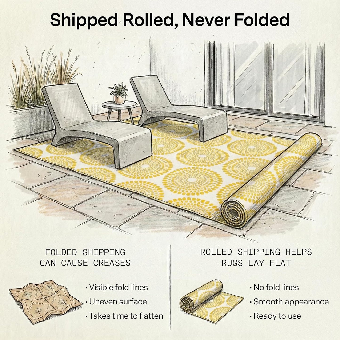 Outdoor Rug - Waterproof, Fade Resistant, Crease-Free - Premium Recycled Plastic - Floral Medallion - Large Patio, Deck, Sunroom, Camping, RV - Rio - Yellow - 8 x10 ft