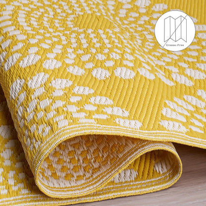 Outdoor Rug - Waterproof, Fade Resistant, Crease-Free - Premium Recycled Plastic - Floral Medallion - Large Patio, Deck, Sunroom, Camping, RV - Rio - Yellow - 8 x10 ft