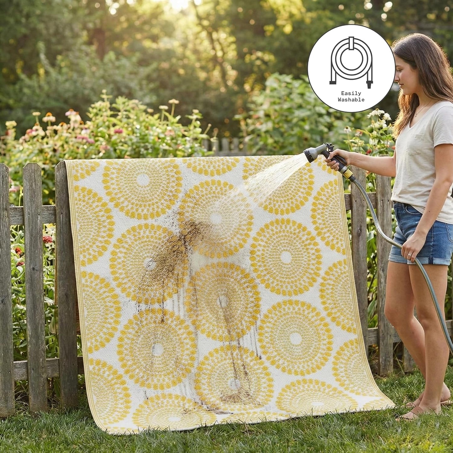 Outdoor Rug - Waterproof, Fade Resistant, Crease-Free - Premium Recycled Plastic - Floral Medallion - Large Patio, Deck, Sunroom, Camping, RV - Rio - Yellow - 8 x10 ft