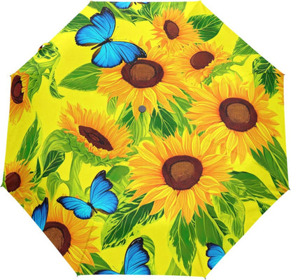Sturdy Automatic Travel Foldable Umbrella Compact, Aesthetic Umbrella for Sun Rain Travel, Vintage Sunflower Butterfly Yellow, 42.5x24inch