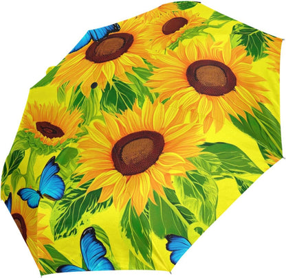 Sturdy Automatic Travel Foldable Umbrella Compact, Aesthetic Umbrella for Sun Rain Travel, Vintage Sunflower Butterfly Yellow, 42.5x24inch