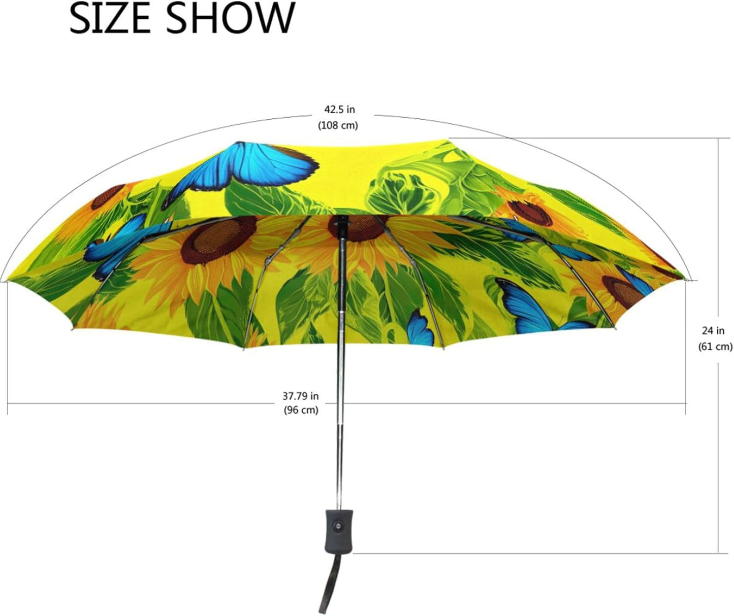 Sturdy Automatic Travel Foldable Umbrella Compact, Aesthetic Umbrella for Sun Rain Travel, Vintage Sunflower Butterfly Yellow, 42.5x24inch