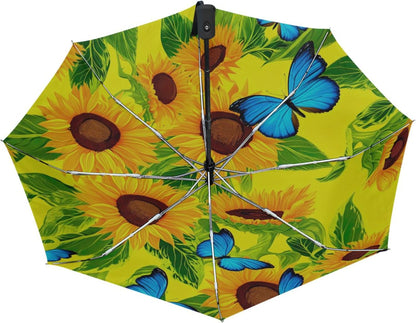Sturdy Automatic Travel Foldable Umbrella Compact, Aesthetic Umbrella for Sun Rain Travel, Vintage Sunflower Butterfly Yellow, 42.5x24inch