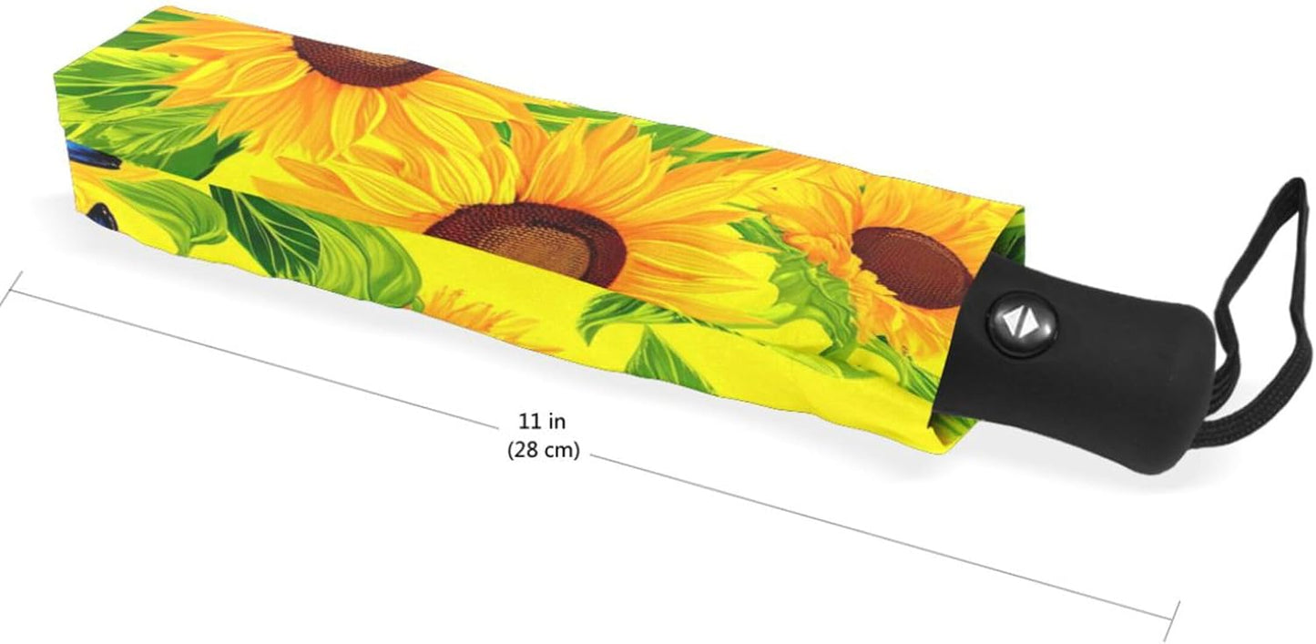 Sturdy Automatic Travel Foldable Umbrella Compact, Aesthetic Umbrella for Sun Rain Travel, Vintage Sunflower Butterfly Yellow, 42.5x24inch