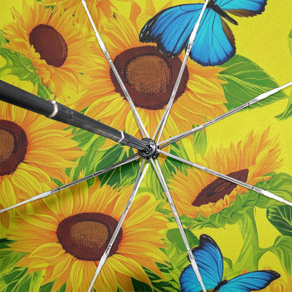 Sturdy Automatic Travel Foldable Umbrella Compact, Aesthetic Umbrella for Sun Rain Travel, Vintage Sunflower Butterfly Yellow, 42.5x24inch