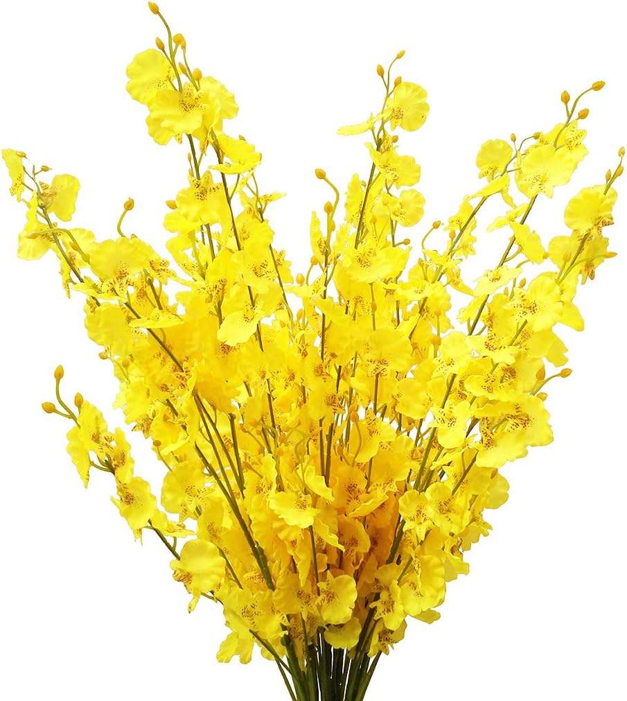 Yellow Orchids Silk Fake Flowers in Bulk, 12 Pcs (Each 38.5”), for Wedding Festive Party Home Office Decoration, No Include Vase