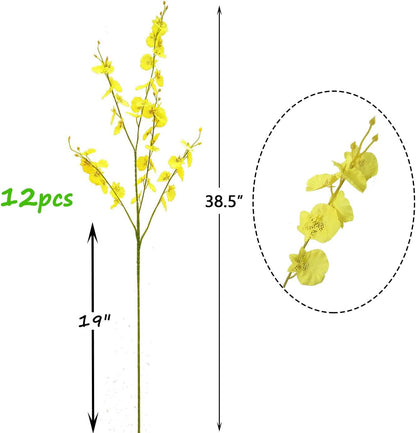 Yellow Orchids Silk Fake Flowers in Bulk, 12 Pcs (Each 38.5”), for Wedding Festive Party Home Office Decoration, No Include Vase