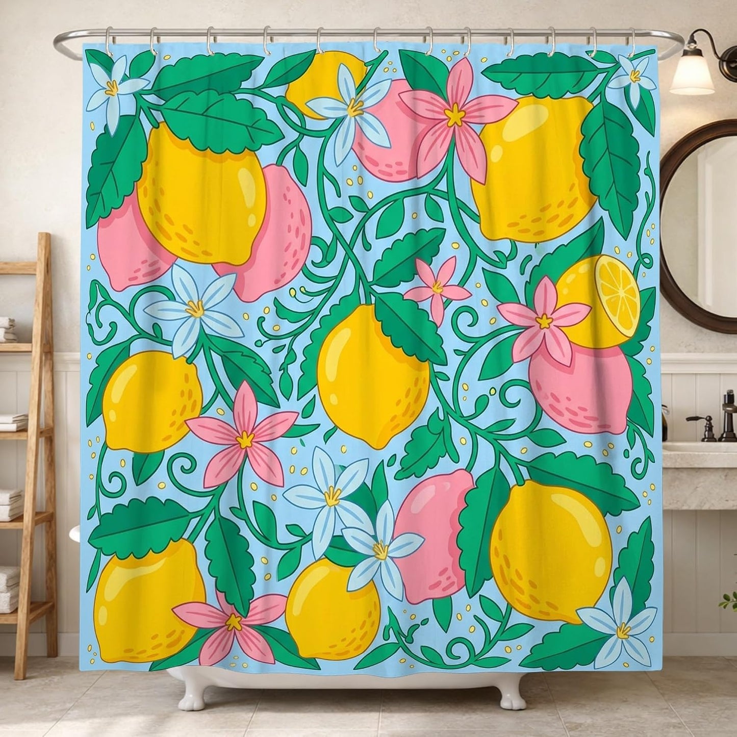 Lemon Shower Curtain, Summer Tropical Flower Leaf Summer Yellow Polyester Waterproof Design Print Bath Curtains for Bathroom Toile Guest Room Decor 62x72 Inch