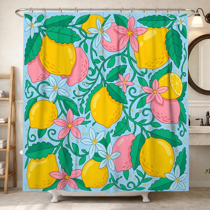 Lemon Shower Curtain, Summer Tropical Flower Leaf Summer Yellow Polyester Waterproof Design Print Bath Curtains for Bathroom Toile Guest Room Decor 62x72 Inch