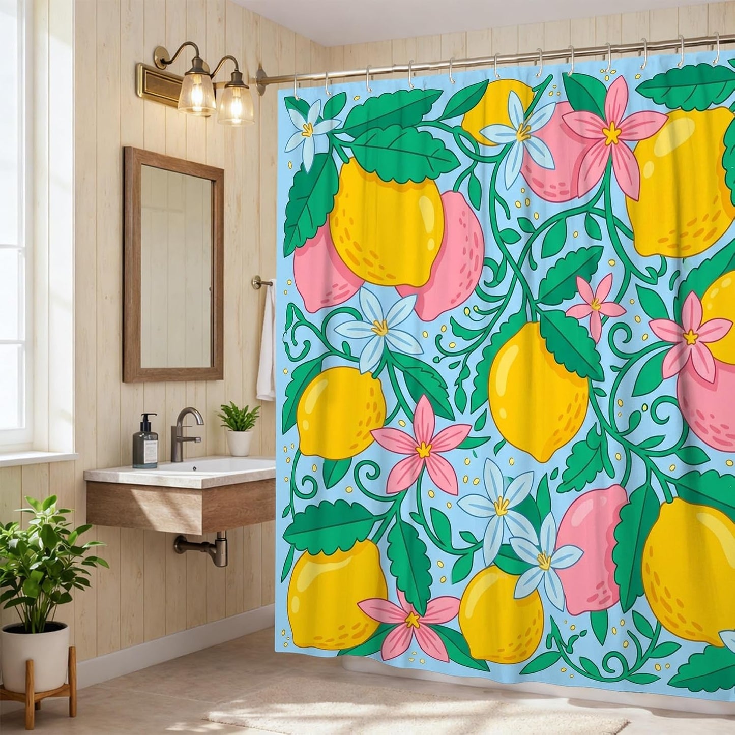 Lemon Shower Curtain, Summer Tropical Flower Leaf Summer Yellow Polyester Waterproof Design Print Bath Curtains for Bathroom Toile Guest Room Decor 62x72 Inch