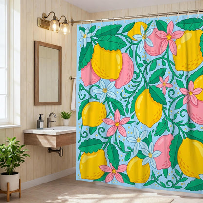 Lemon Shower Curtain, Summer Tropical Flower Leaf Summer Yellow Polyester Waterproof Design Print Bath Curtains for Bathroom Toile Guest Room Decor 62x72 Inch