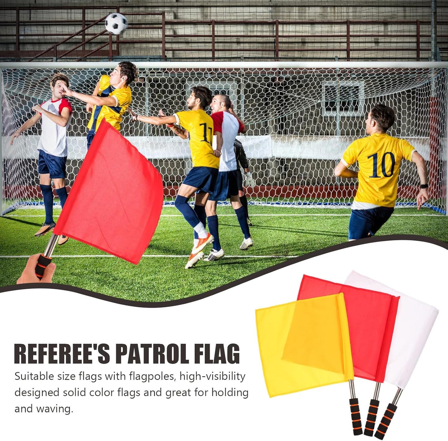 3Pcs Referee Flags with Stainless Steel Rod - Professional Linesman Flags for Soccer, Volleyball, Track and Field - Red Yellow White Sports Event Match Waving Signal Color Guard with Foam Grip Handle