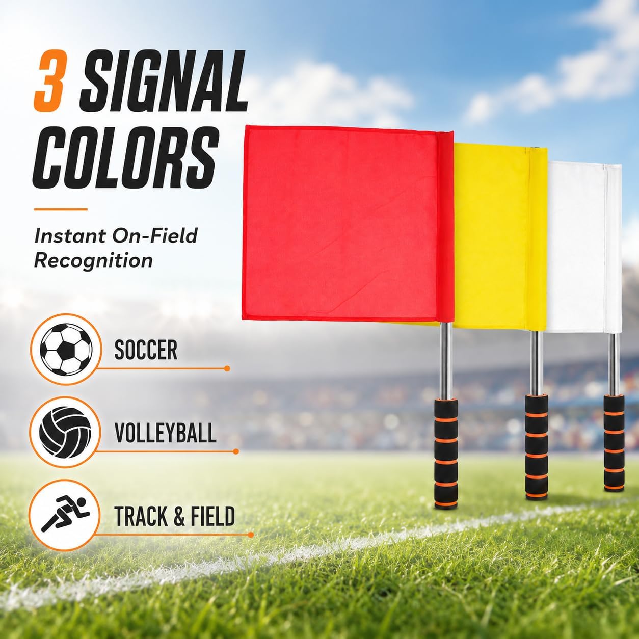3Pcs Referee Flags with Stainless Steel Rod - Professional Linesman Flags for Soccer, Volleyball, Track and Field - Red Yellow White Sports Event Match Waving Signal Color Guard with Foam Grip Handle