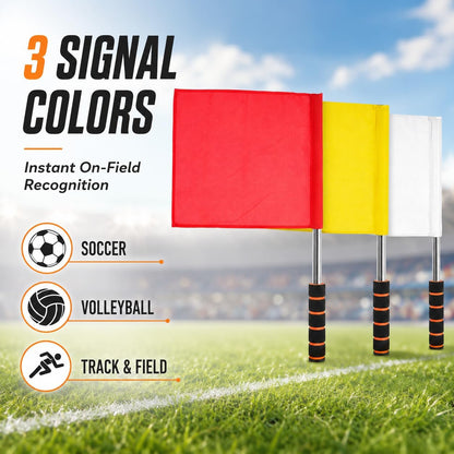 3Pcs Referee Flags with Stainless Steel Rod - Professional Linesman Flags for Soccer, Volleyball, Track and Field - Red Yellow White Sports Event Match Waving Signal Color Guard with Foam Grip Handle