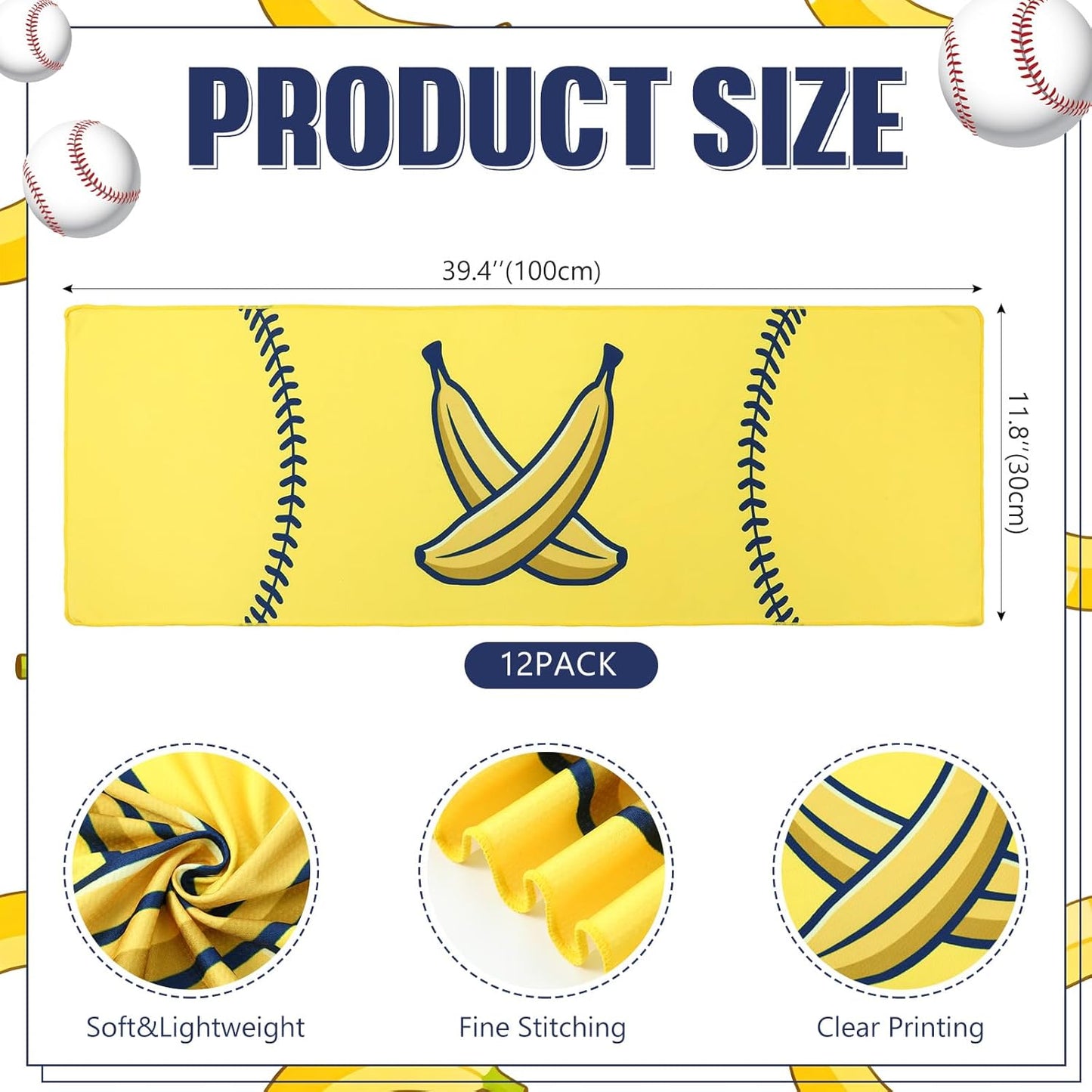 12 Pcs Cooling Towel Baseball Football Basketball Breathable Chilly Softball Soccer Ice Towel, 40"x12" Tennis Microfiber Accessories for Player (Yellow,Banana)