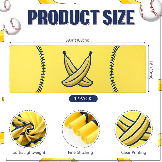 12 Pcs Cooling Towel Baseball Football Basketball Breathable Chilly Softball Soccer Ice Towel, 40"x12" Tennis Microfiber Accessories for Player (Yellow,Banana)