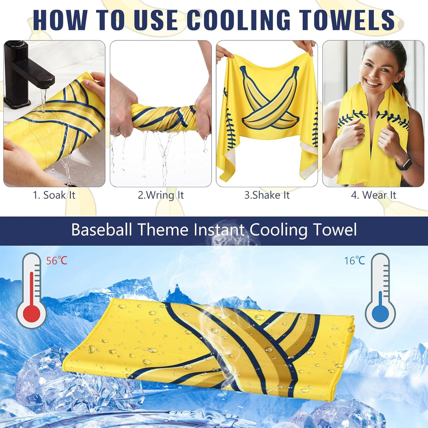 12 Pcs Cooling Towel Baseball Football Basketball Breathable Chilly Softball Soccer Ice Towel, 40"x12" Tennis Microfiber Accessories for Player (Yellow,Banana)