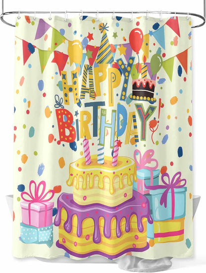 Fabric Shower Curtain, Birthday Cake Gift Balloon Ribbon Cartoon Celebration Shower Curtain for Bathroom with 12 Hooks Waterproof Bath Curtains for Hotel, Stalls, Bathtubs, 54x78 Inch