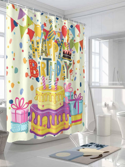 Fabric Shower Curtain, Birthday Cake Gift Balloon Ribbon Cartoon Celebration Shower Curtain for Bathroom with 12 Hooks Waterproof Bath Curtains for Hotel, Stalls, Bathtubs, 54x78 Inch
