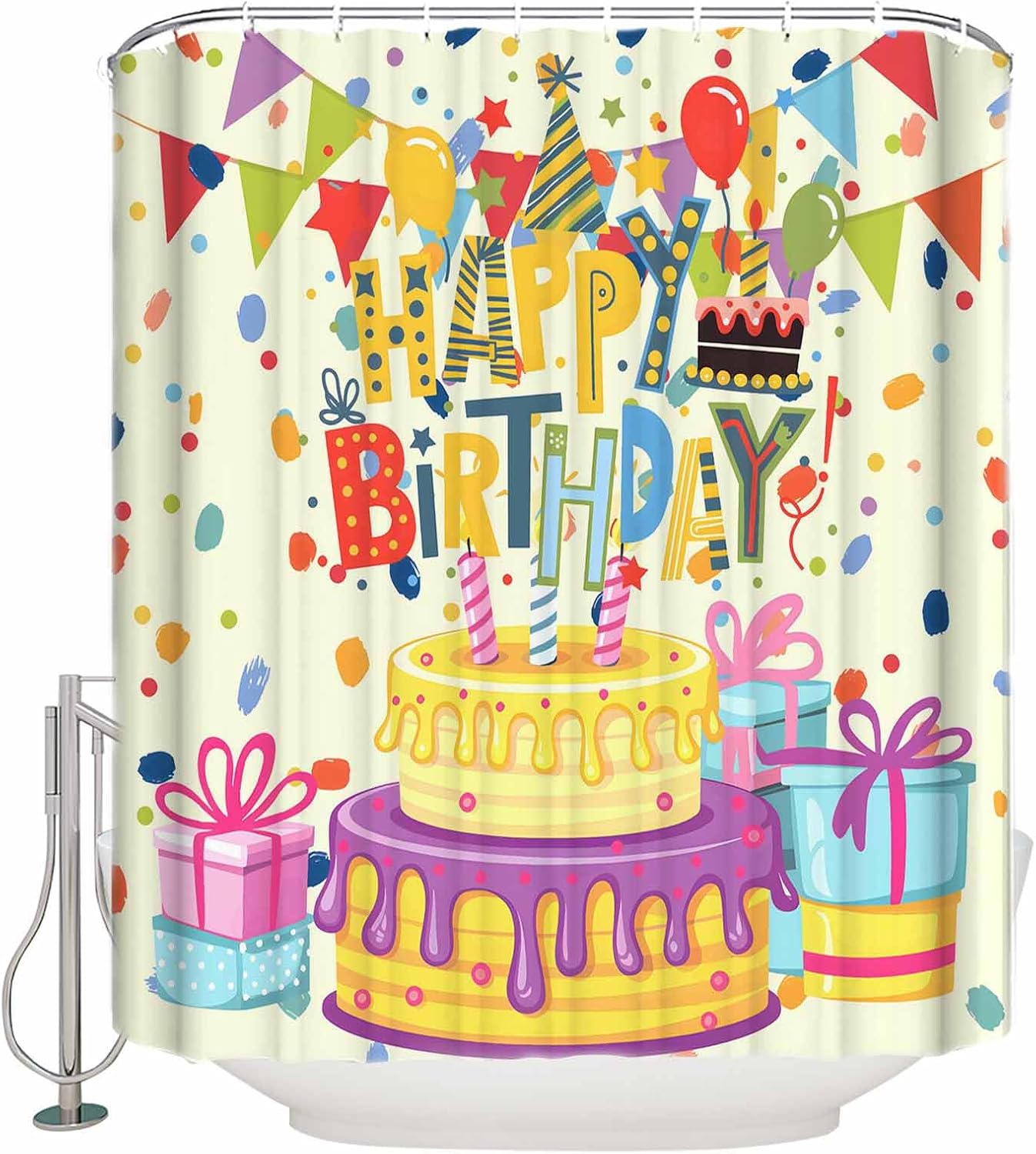 Fabric Shower Curtain, Birthday Cake Gift Balloon Ribbon Cartoon Celebration Shower Curtain for Bathroom with 12 Hooks Waterproof Bath Curtains for Hotel, Stalls, Bathtubs, 54x78 Inch