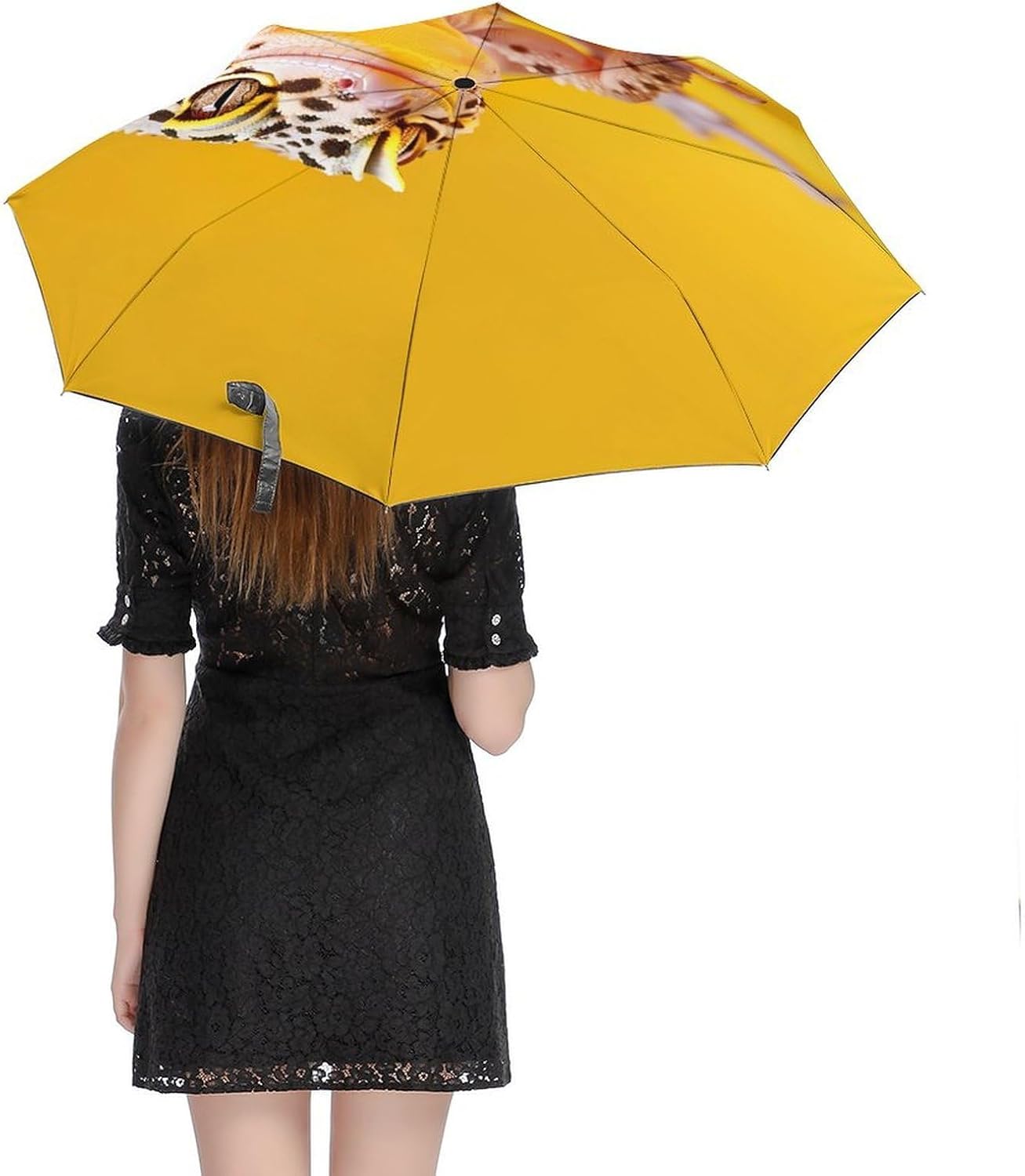 Leopard Geckos On Yellow Compact Travel Umbrella Automatic | 3 Folding,Windproof,Rain&Sun