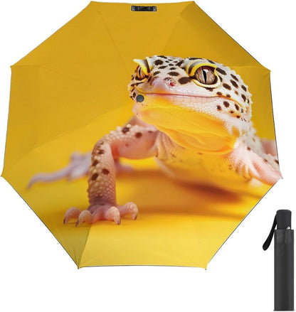 Leopard Geckos On Yellow Compact Travel Umbrella Automatic | 3 Folding,Windproof,Rain&Sun