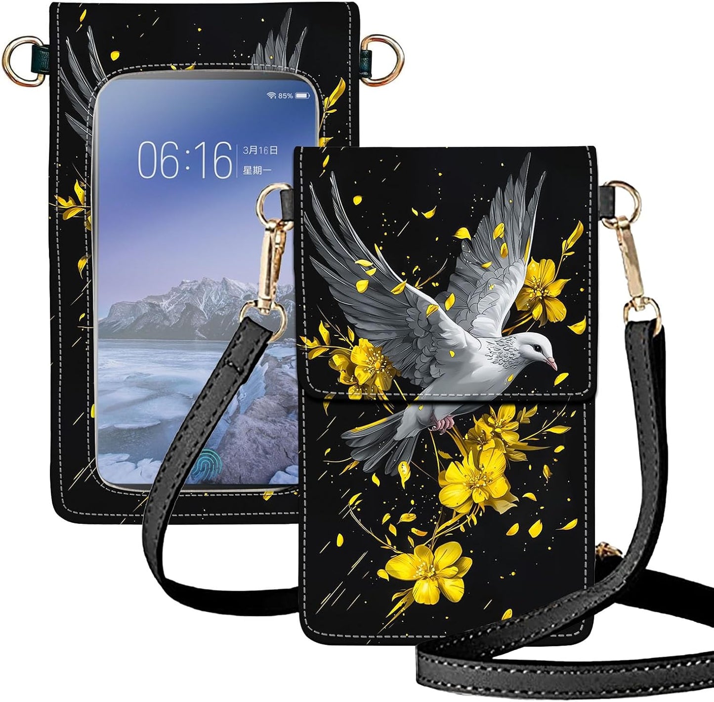 Crossbody Phone Case, White Dove Gold Yellow Flowers RFID Blocking Crossbody Bag with Card Slots & Phone Holder, Waterproof Anti-Theft Touch Screen Phone Purse for Women
