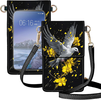 Crossbody Phone Case, White Dove Gold Yellow Flowers RFID Blocking Crossbody Bag with Card Slots & Phone Holder, Waterproof Anti-Theft Touch Screen Phone Purse for Women